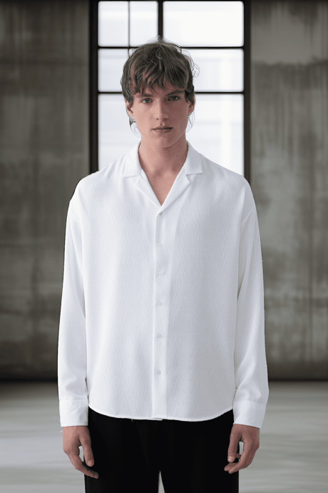 Apaş Yaka Uzun Kol Dokulu Erkek Gömlek - Ekru