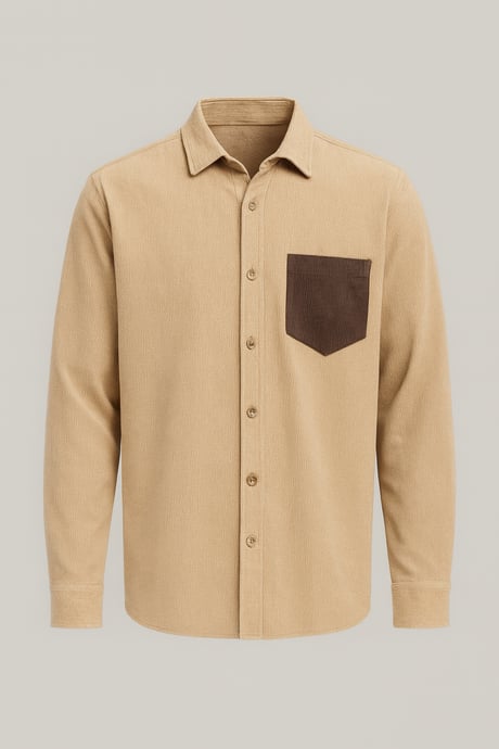 Cep Detaylı Fitilli Kadife Gömlek - Açık Bej