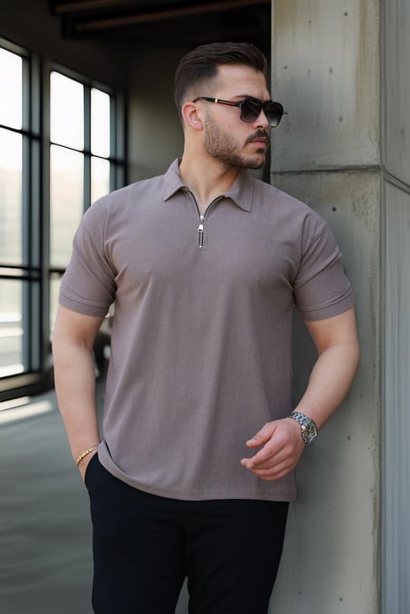 Likralı Örme Yarım Fermuar Polo Yaka Erkek Tişört - Kahve