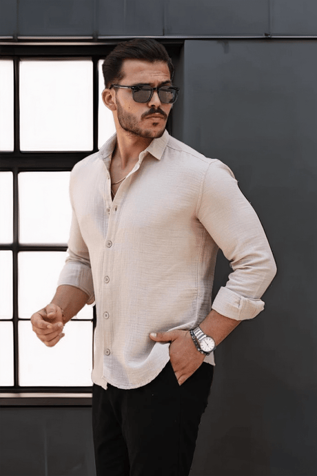 Nefes Alabilir Yarım Oversize Müslin Kumaş Uzun Kol Yakalı Erkek Gömlek - Bej