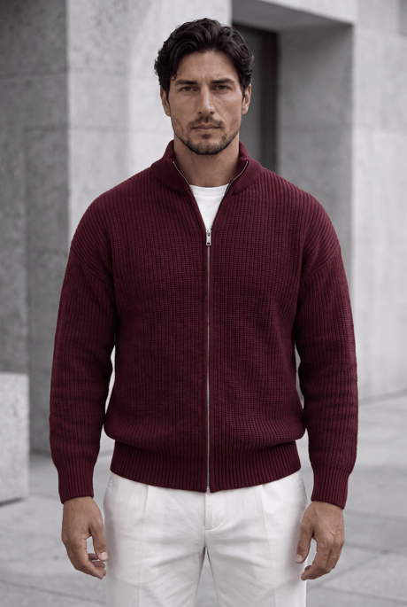 Woody Oversize Selanik Örme Fermuarlı Erkek Hırka- Bordo