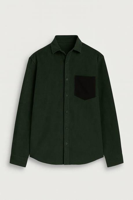 Cep Detaylı Fitilli Kadife Gömlek - Haki