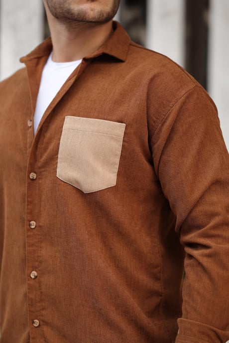 Cep Detaylı Fitilli Kadife Gömlek - Açık Kahve