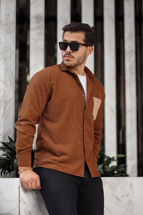 Cep Detaylı Fitilli Kadife Gömlek - Açık Kahve