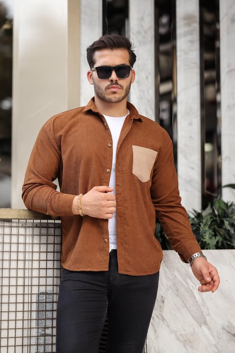 Cep Detaylı Fitilli Kadife Gömlek - Açık Kahve