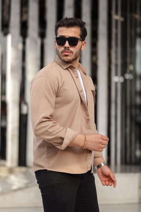 Cep Detaylı Fitilli Kadife Gömlek - Açık Bej