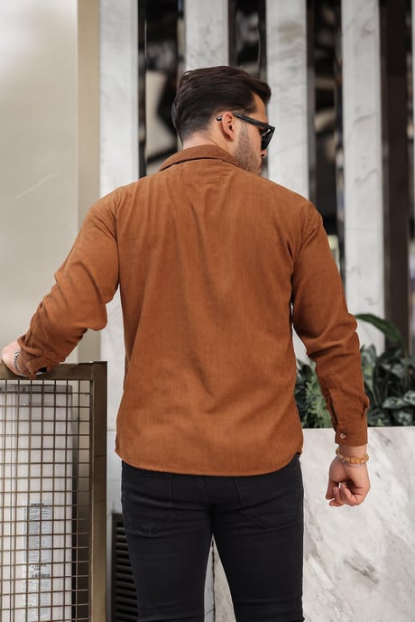 Cep Detaylı Fitilli Kadife Gömlek - Açık Kahve