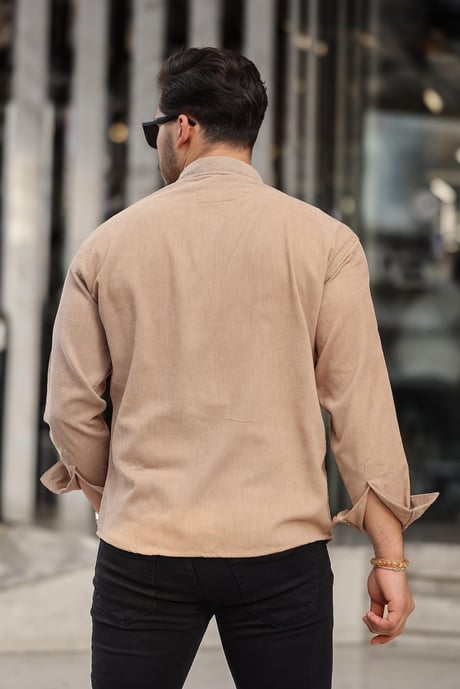 Cep Detaylı Fitilli Kadife Gömlek - Açık Bej