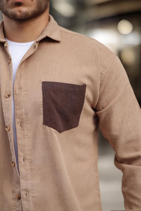 Cep Detaylı Fitilli Kadife Gömlek - Açık Bej