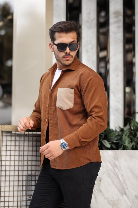 Cep Detaylı Fitilli Kadife Gömlek - Açık Kahve