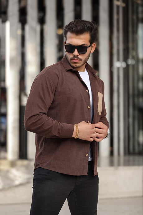 Cep Detaylı Fitilli Kadife Gömlek - Koyu Kahve