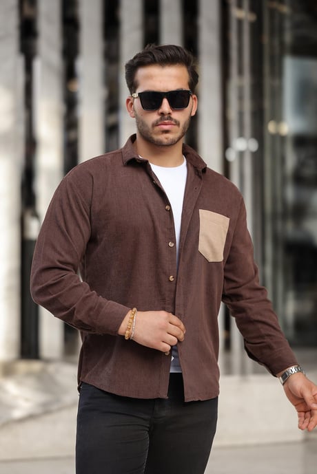 Cep Detaylı Fitilli Kadife Gömlek - Koyu Kahve