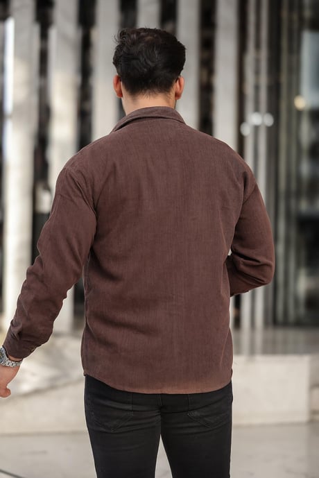 Cep Detaylı Fitilli Kadife Gömlek - Koyu Kahve