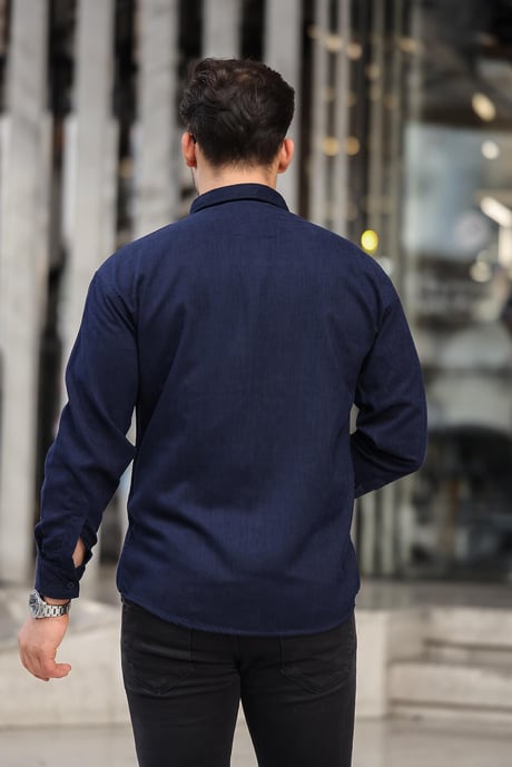 Cep Detaylı Fitilli Kadife Gömlek - Lacivert