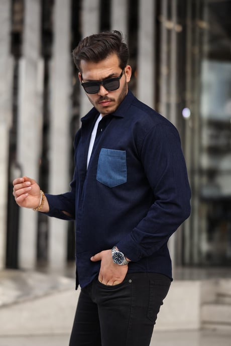 Cep Detaylı Fitilli Kadife Gömlek - Lacivert