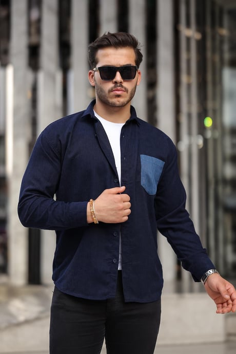 Cep Detaylı Fitilli Kadife Gömlek - Lacivert