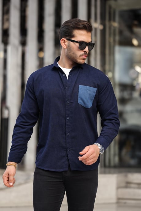 Cep Detaylı Fitilli Kadife Gömlek - Lacivert