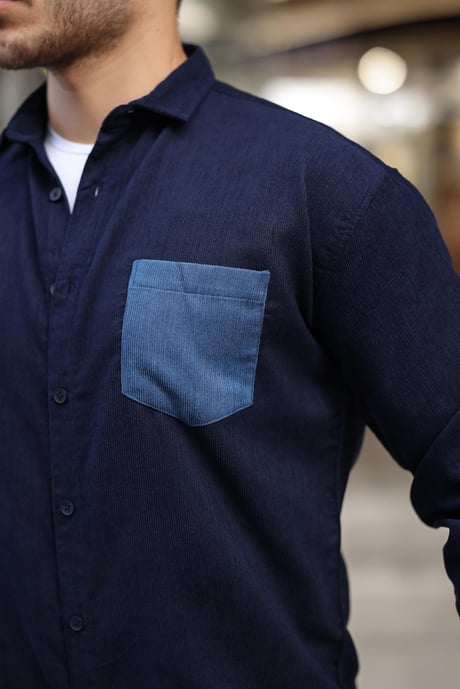 Cep Detaylı Fitilli Kadife Gömlek - Lacivert