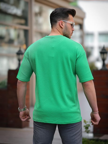 Cep Detaylı Oversize Örme T-shirt - Yeşil