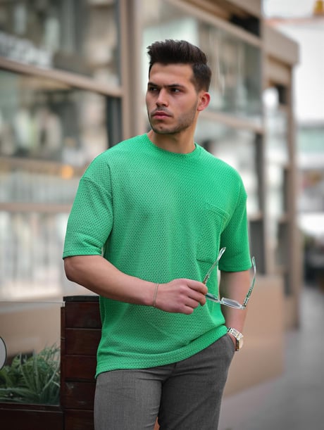 Cep Detaylı Oversize Örme T-shirt - Yeşil
