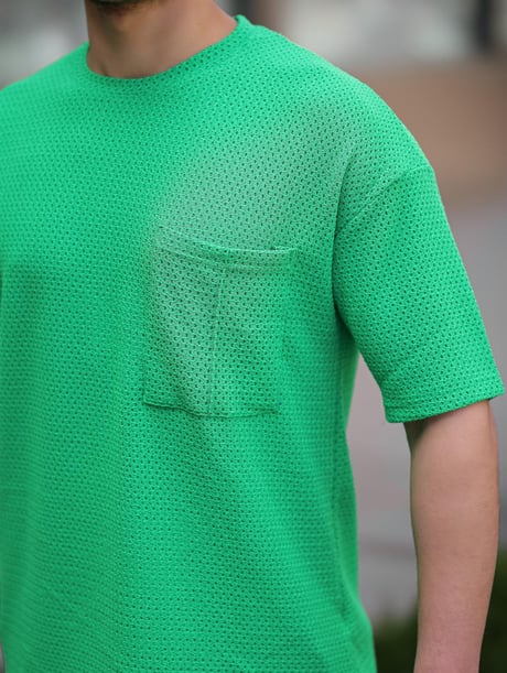 Cep Detaylı Oversize Örme T-shirt - Yeşil