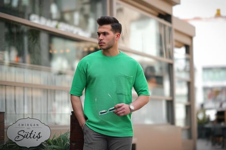 Cep Detaylı Oversize Örme T-shirt - Yeşil