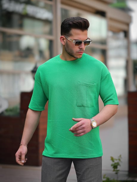 Cep Detaylı Oversize Örme T-shirt - Yeşil