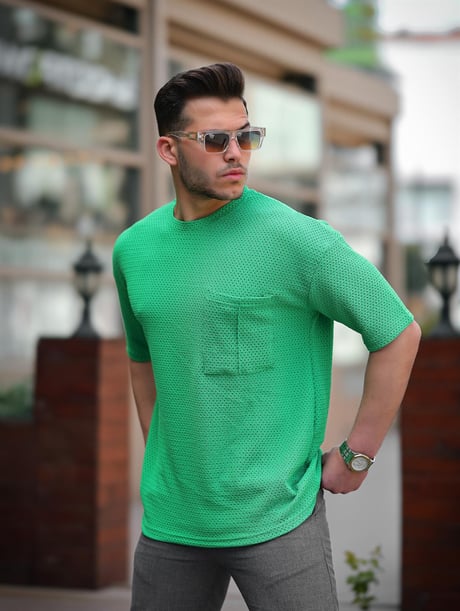 Cep Detaylı Oversize Örme T-shirt - Yeşil