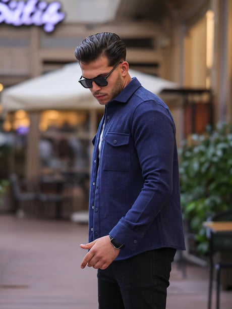 Çift Cep Kapaklı Kaşe Gömlek - Lacivert