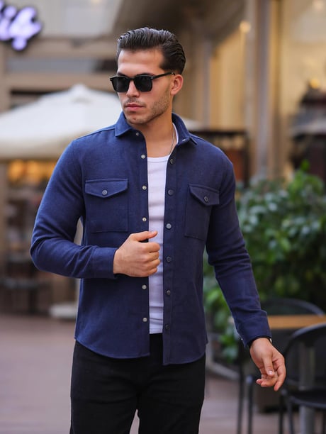 Çift Cep Kapaklı Kaşe Gömlek - Lacivert