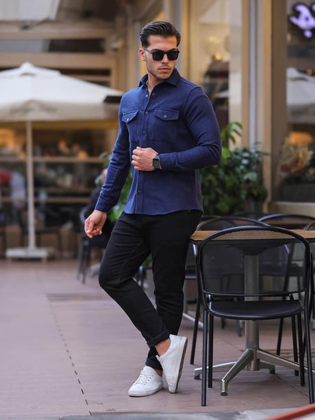 Çift Cep Kapaklı Kaşe Gömlek - Lacivert