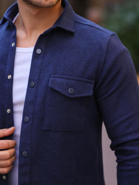 Çift Cep Kapaklı Kaşe Gömlek - Lacivert