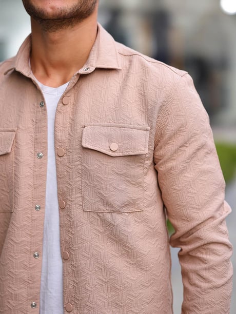 Çift Cepli Çubuk Desen Kapitone Gömlek/Ceket - Bej