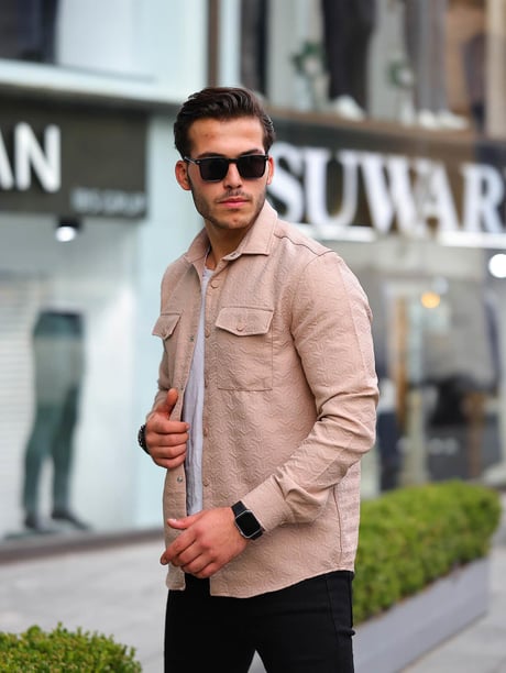 Çift Cepli Çubuk Desen Kapitone Gömlek/Ceket - Bej