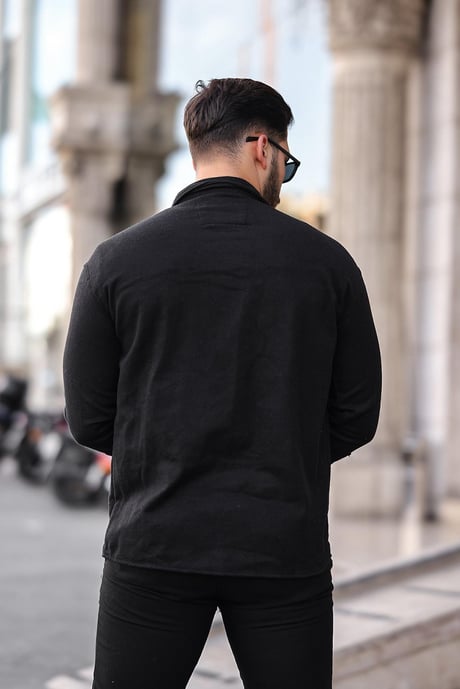 Çift Cepli Düğmeli Kaşe Gömlek - Siyah