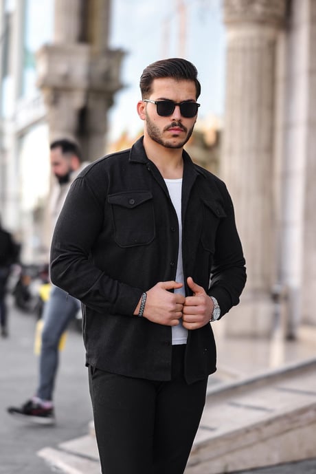 Çift Cepli Düğmeli Kaşe Gömlek - Siyah