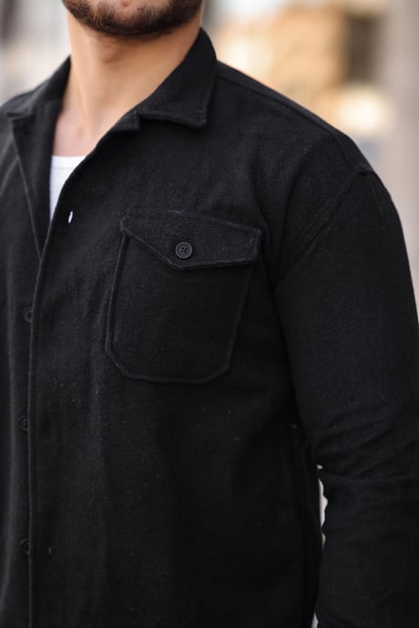 Çift Cepli Düğmeli Kaşe Gömlek - Siyah