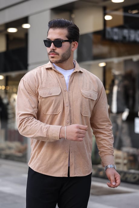 Çift Cepli Oversize Dolgu Fitilli Erkek Kadife Gömlek - Bej