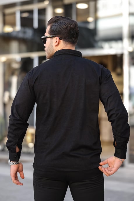 Çift Cepli Oversize İnce Fitilli Erkek Kadife Gömlek - Siyah