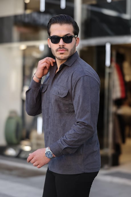 Çift Cepli Oversize İnce Fitilli Erkek Kadife Gömlek - Füme