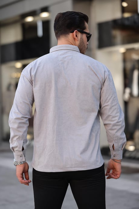 Çift Cepli Oversize İnce Fitilli Erkek Kadife Gömlek - Taş