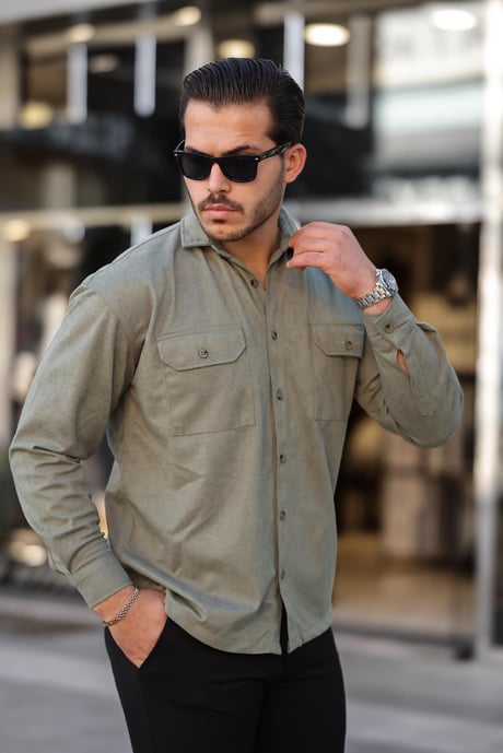 Çift Cepli Oversize İnce Fitilli Erkek Kadife Gömlek - Açık Haki