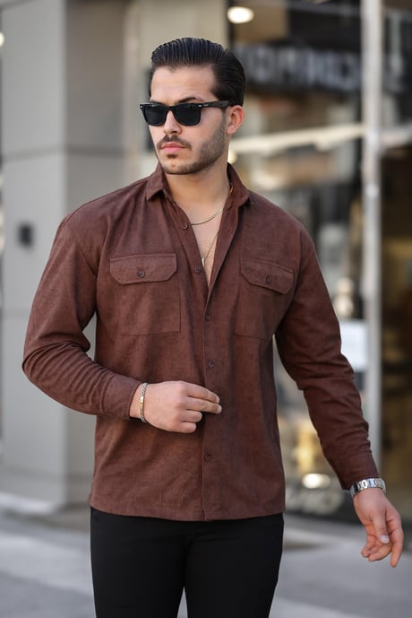 Çift Cepli Oversize İnce Fitilli Erkek Kadife Gömlek - Kahve