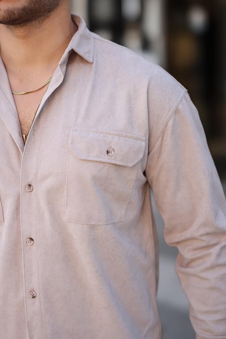 Çift Cepli Oversize İnce Fitilli Erkek Kadife Gömlek - Bej