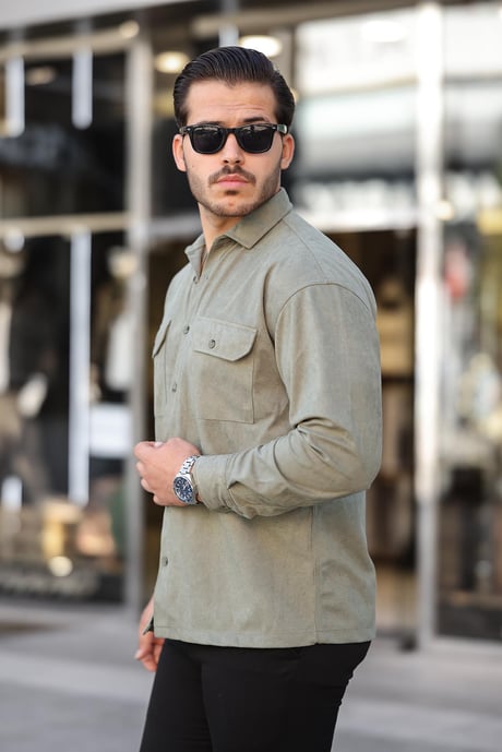 Çift Cepli Oversize İnce Fitilli Erkek Kadife Gömlek - Açık Haki