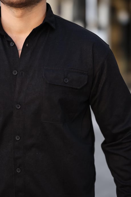 Çift Cepli Oversize İnce Fitilli Erkek Kadife Gömlek - Siyah