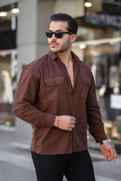 Çift Cepli Oversize İnce Fitilli Erkek Kadife Gömlek - Kahve