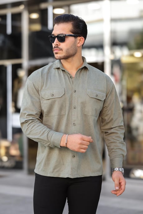 Çift Cepli Oversize İnce Fitilli Erkek Kadife Gömlek - Açık Haki