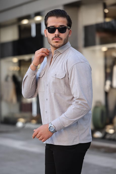 Çift Cepli Oversize İnce Fitilli Erkek Kadife Gömlek - Taş