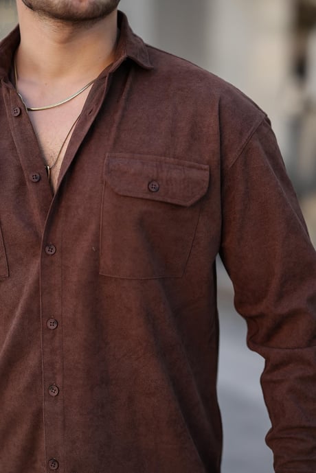 Çift Cepli Oversize İnce Fitilli Erkek Kadife Gömlek - Kahve